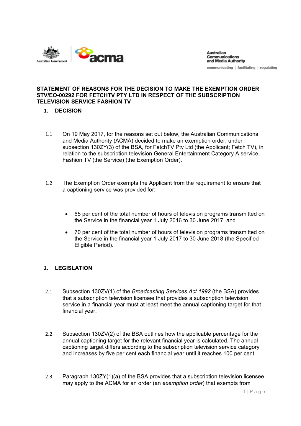 Statement of Reasons for the Decision to Make the Exemption Order Stv/Eo-00292For Fetchtv