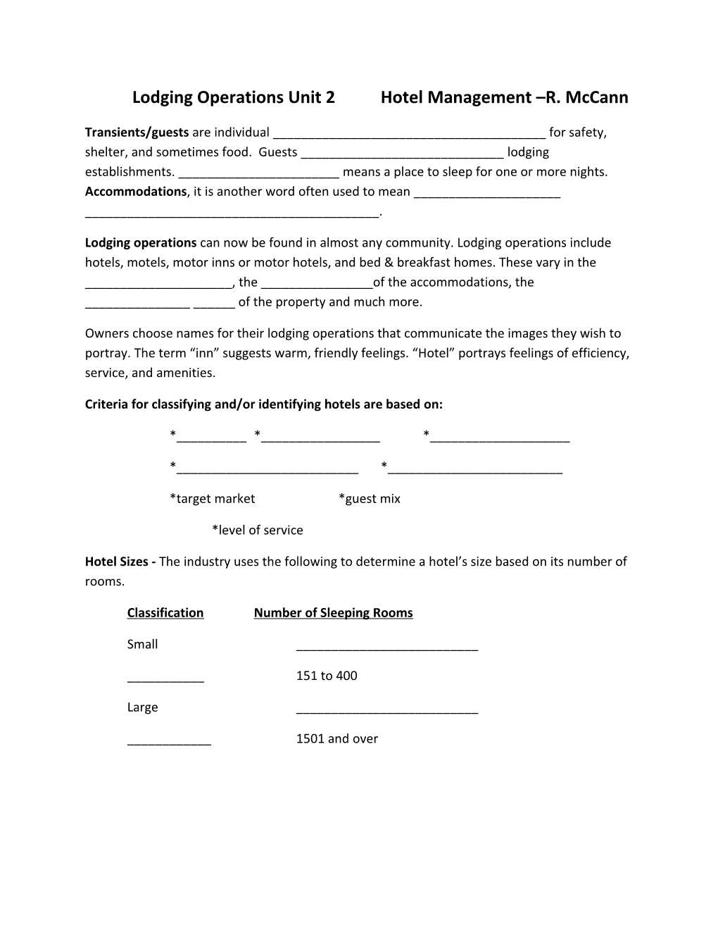 Lodging Operations Unit 2 Hotel Management R. Mccann