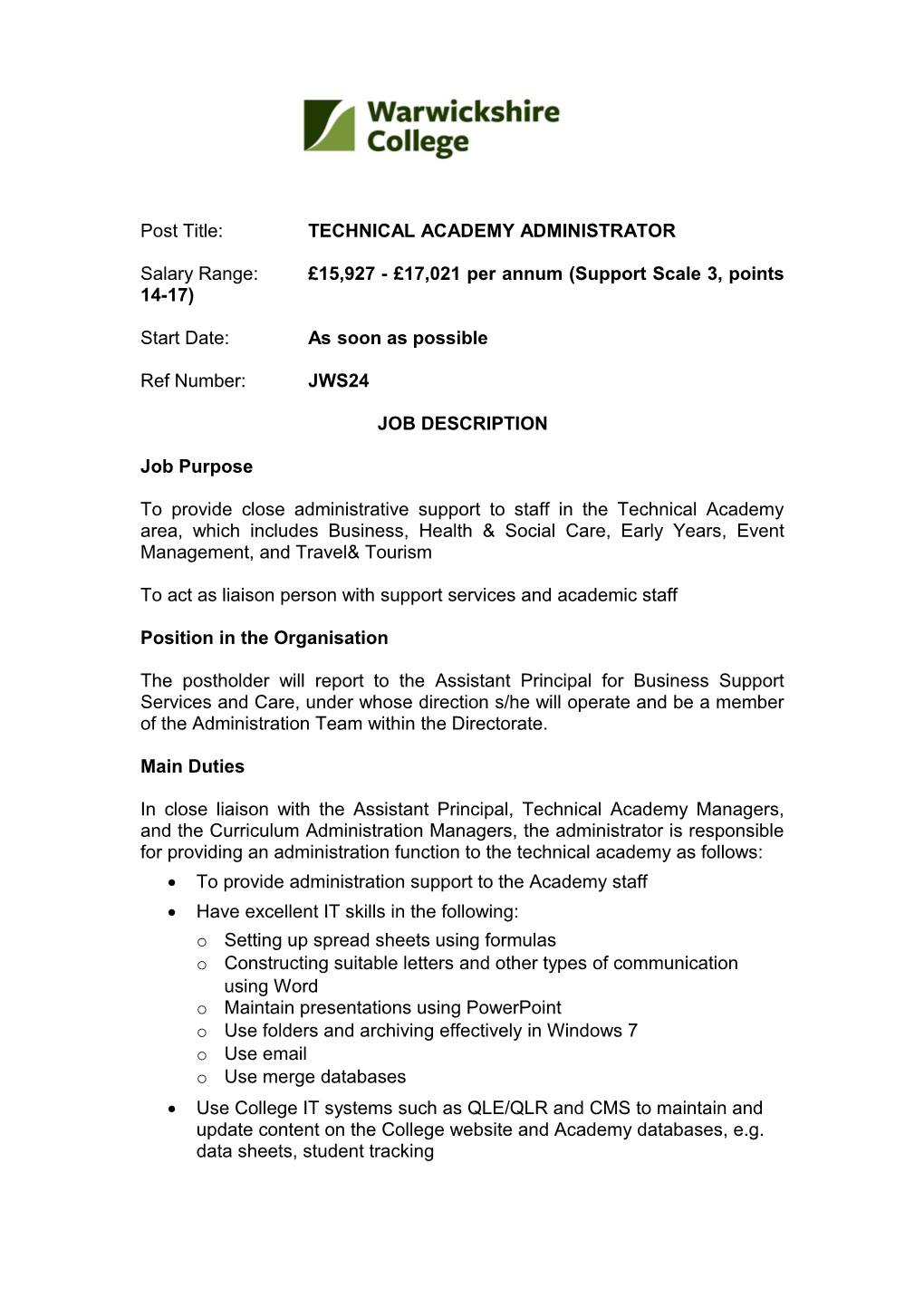 Post Title: TECHNICAL ACADEMY ADMINISTRATOR