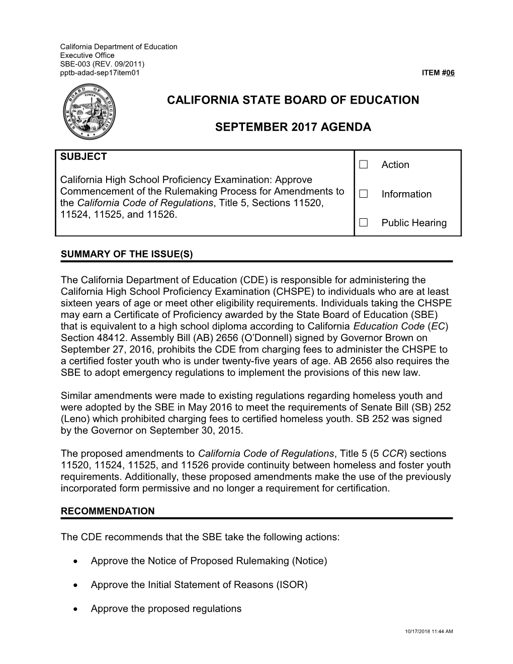 September 2017 Agenda Item 06 - Meeting Agendas (CA State Board of Education)