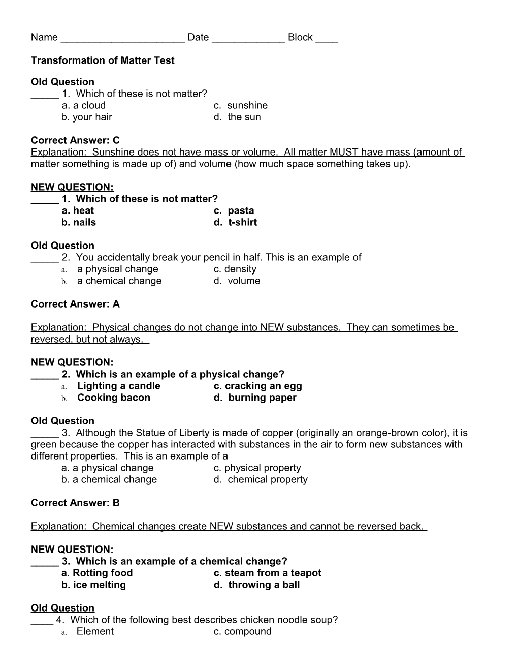 Transformation of Matter Test