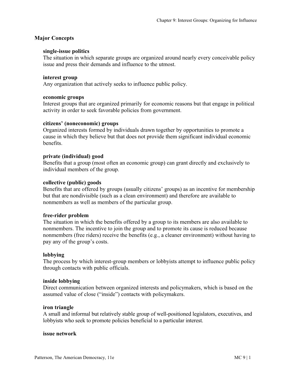 Chapter 9: Interest Groups: Organizing for Influence