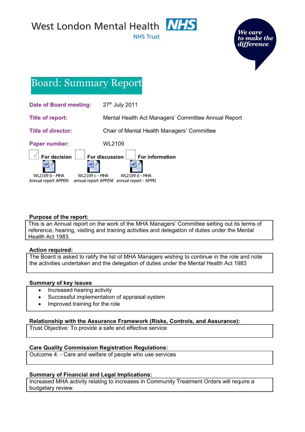 Title of Report: Mental Health Act Managers Committee Annual Report