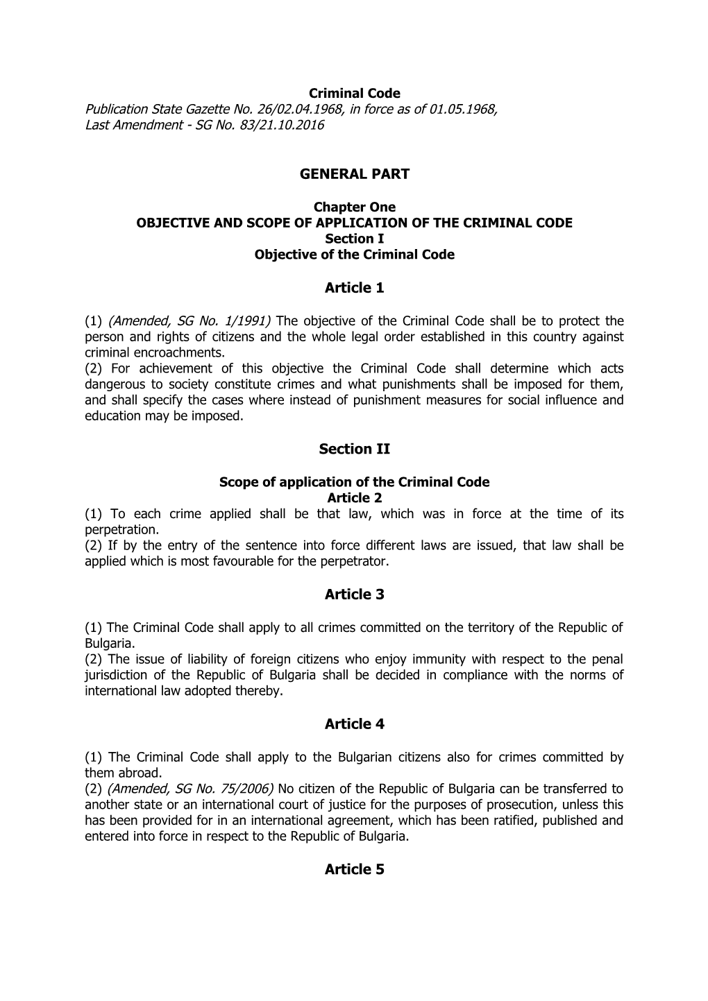 Objective and Scope of Application of the Criminal Code
