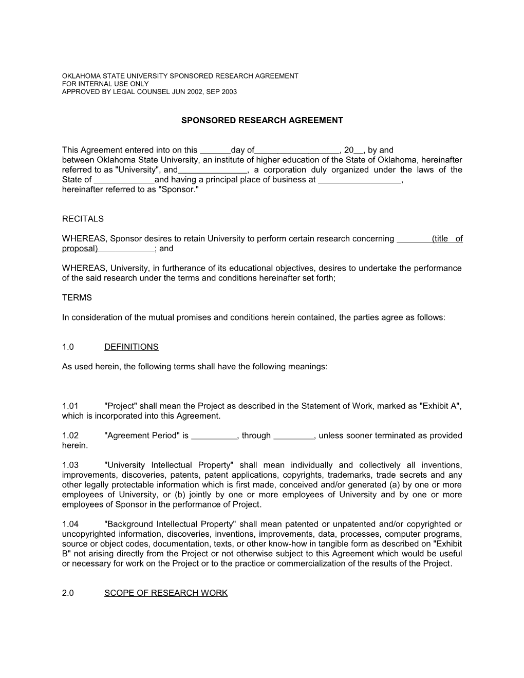 Oklahoma State University Standard Research Agreement Form