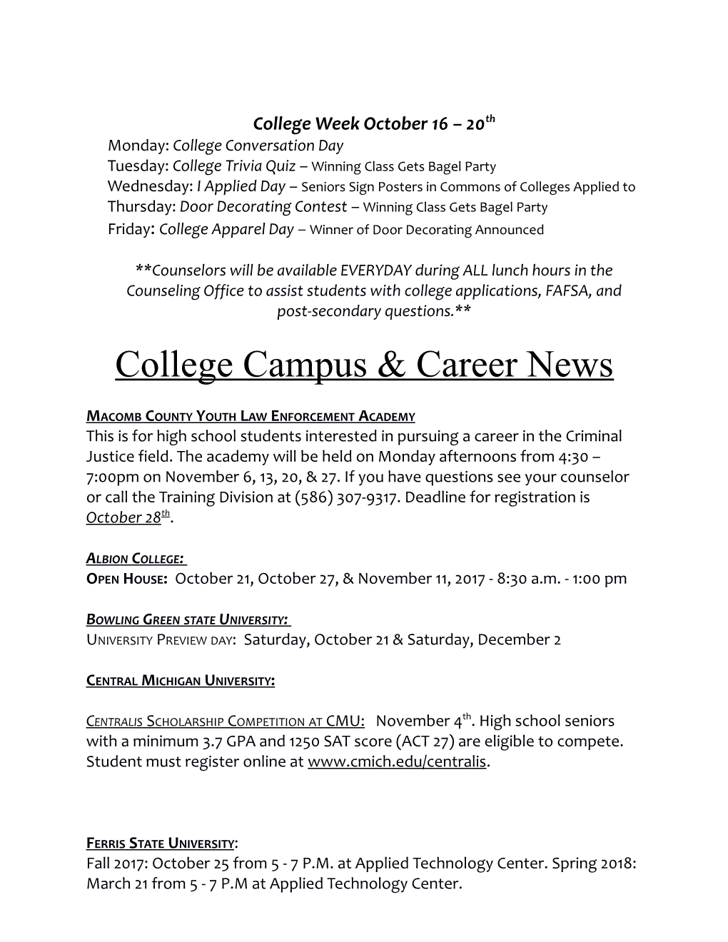 College Week October 16 20Th