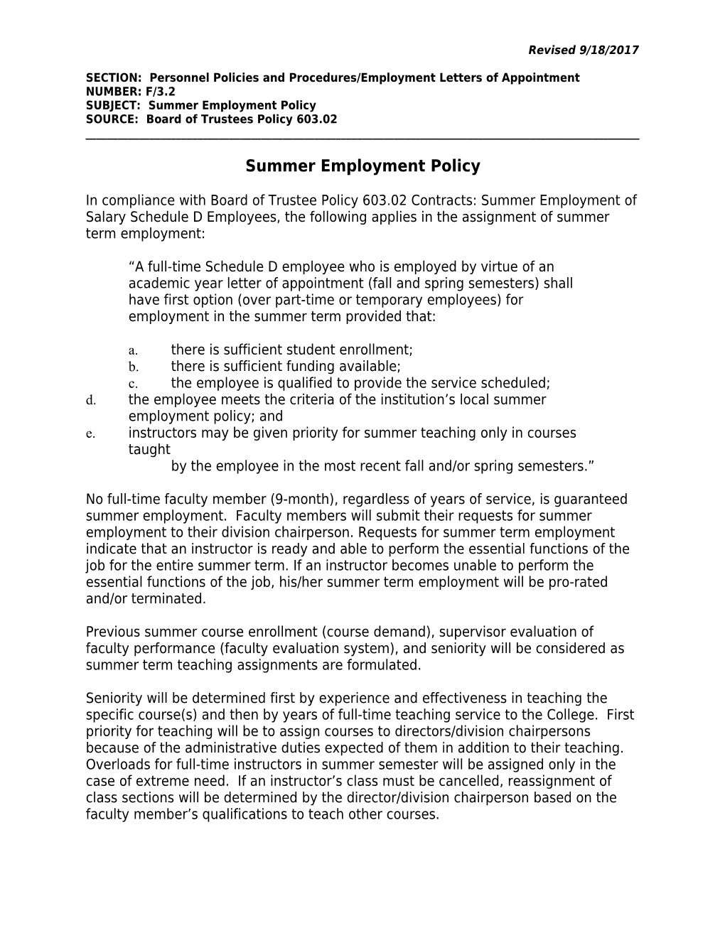 SECTION: Personnel Policies and Procedures/Employment Letters of Appointment NUMBER: F/3.2