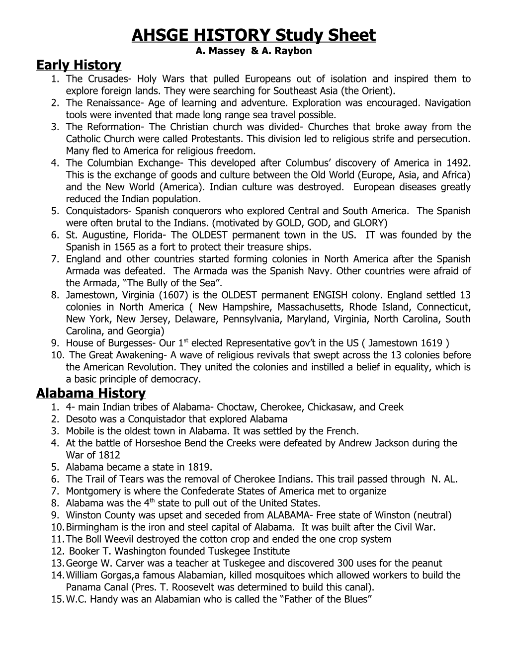 AHSGE HISTORY Study Sheet