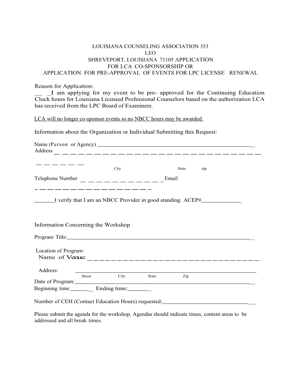 Shreveport, Louisiana71105 Application for Lcaco-Sponsorship Or