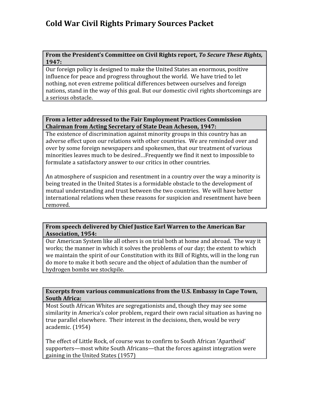 Cold War Civil Rights Primary Sources Packet