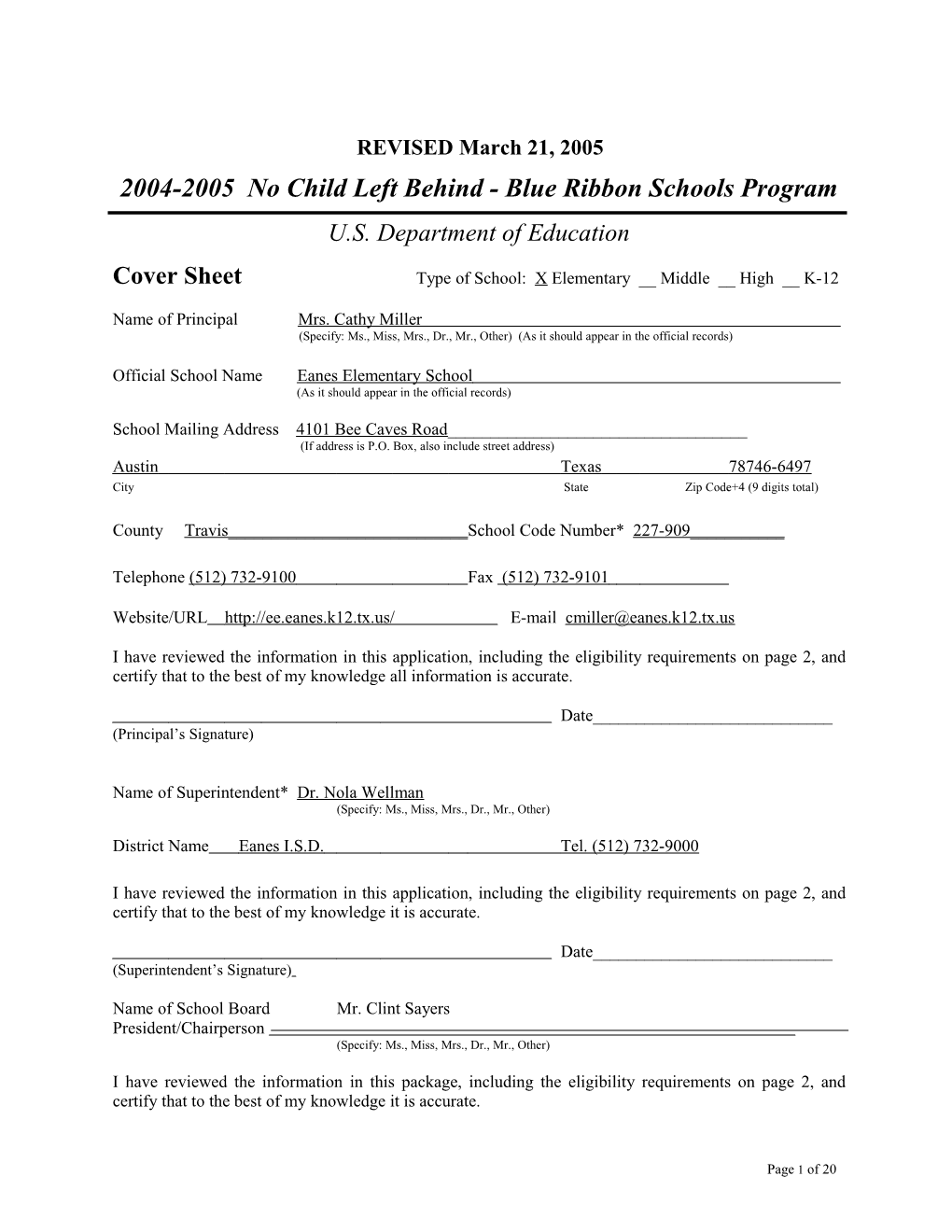 Eanes Elementary School Application: 2004-2005, No Child Left Behind - Blue Ribbon Schools