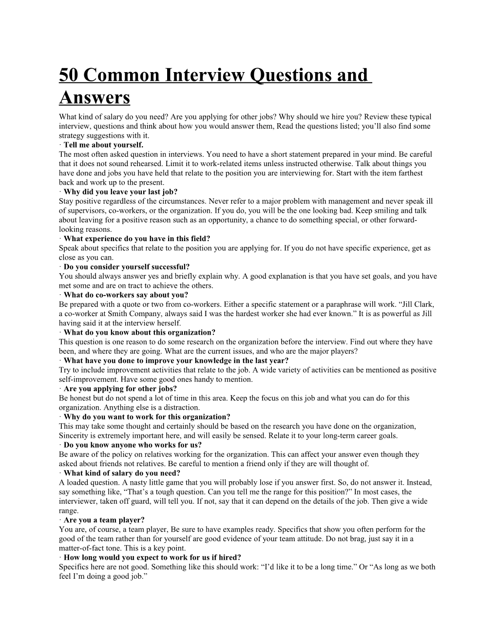 50 Common Interview Questions and Answers