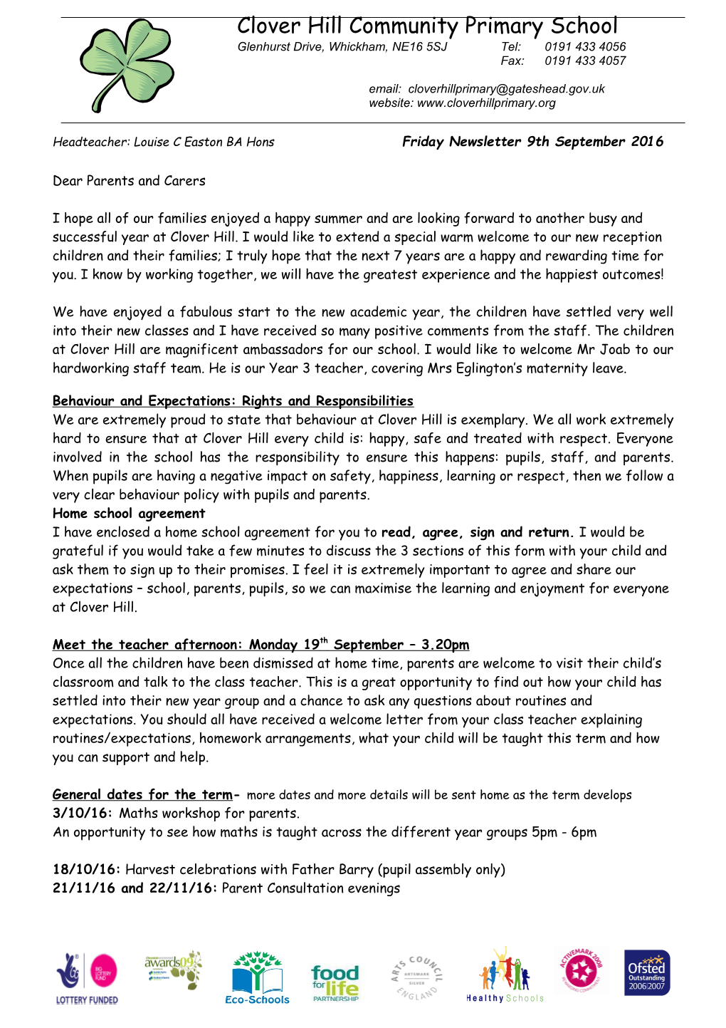 Headteacher: Louise C Easton BA Hons Friday Newsletter 9Th September 2016