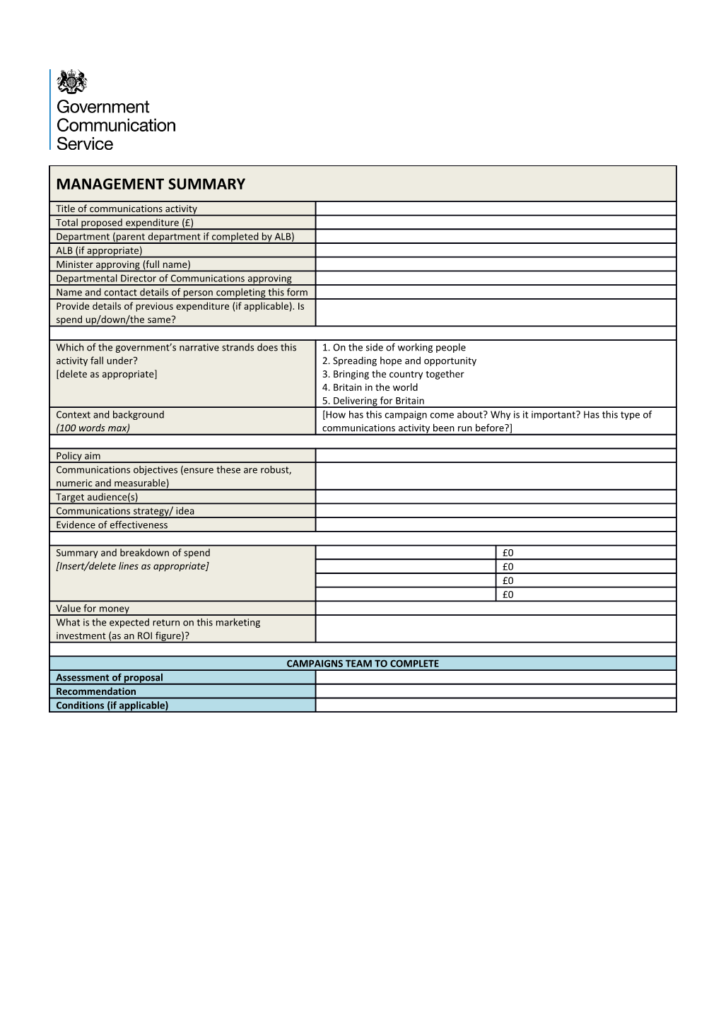 This Form Should Be Completed by the Digital Leader Within the Department for Any Spend