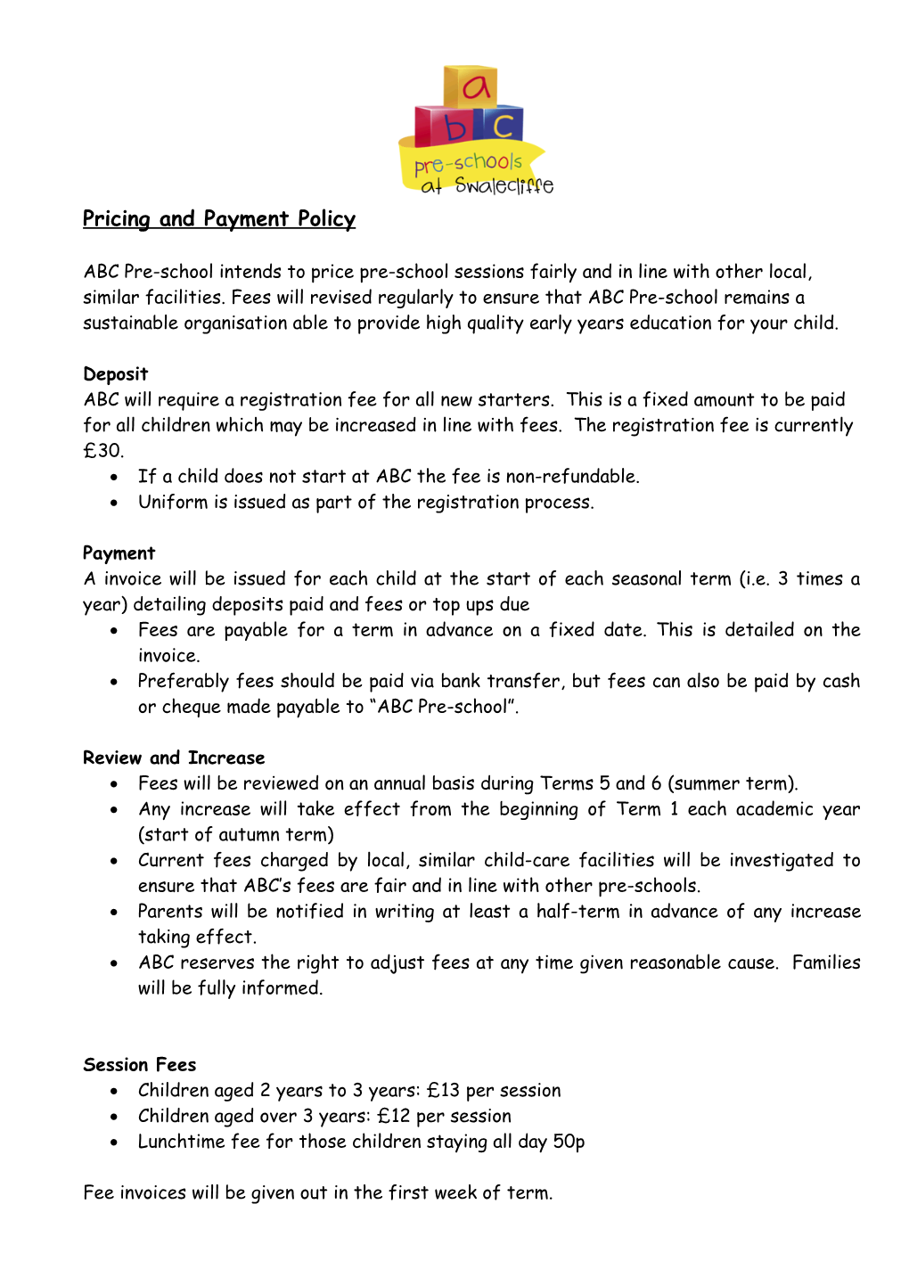 Pricing and Payment Policy