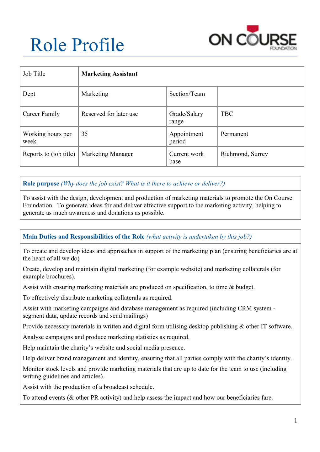 Note: This Role Profile Sets out the Key Duties at the Time It Was Drawn Up. Such Duties