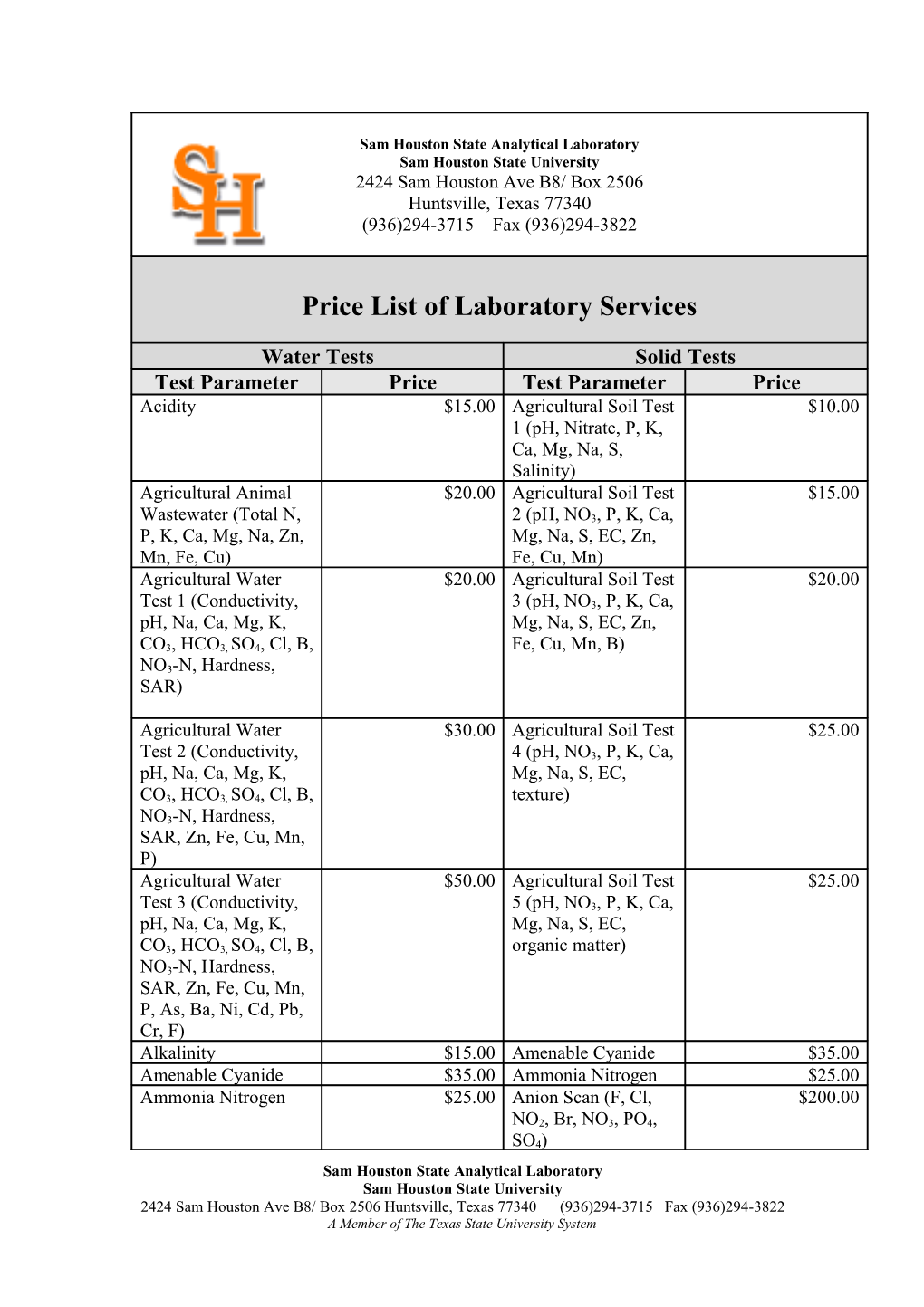 Price List of Laboratory Services