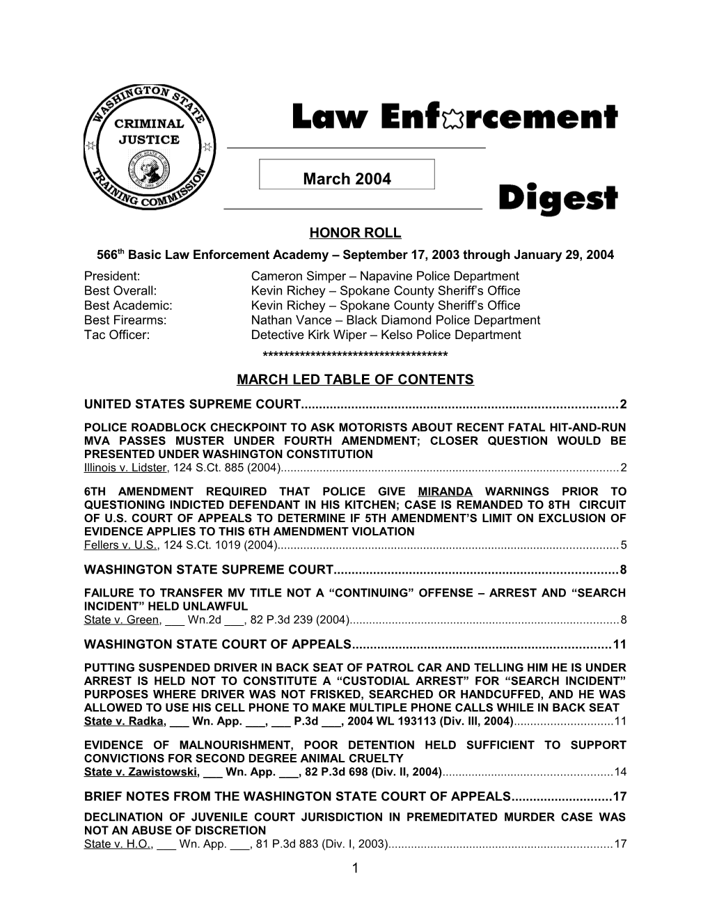 566Th Basic Law Enforcement Academy September 17, 2003 Through January 29, 2004