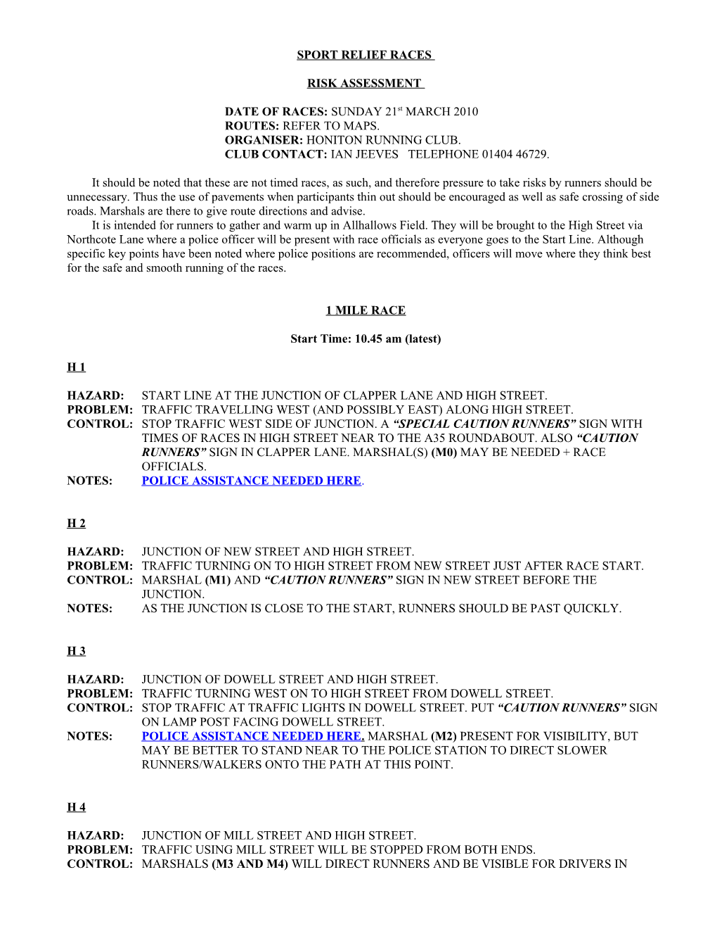 Risk Assessment of Honiton 12K Race