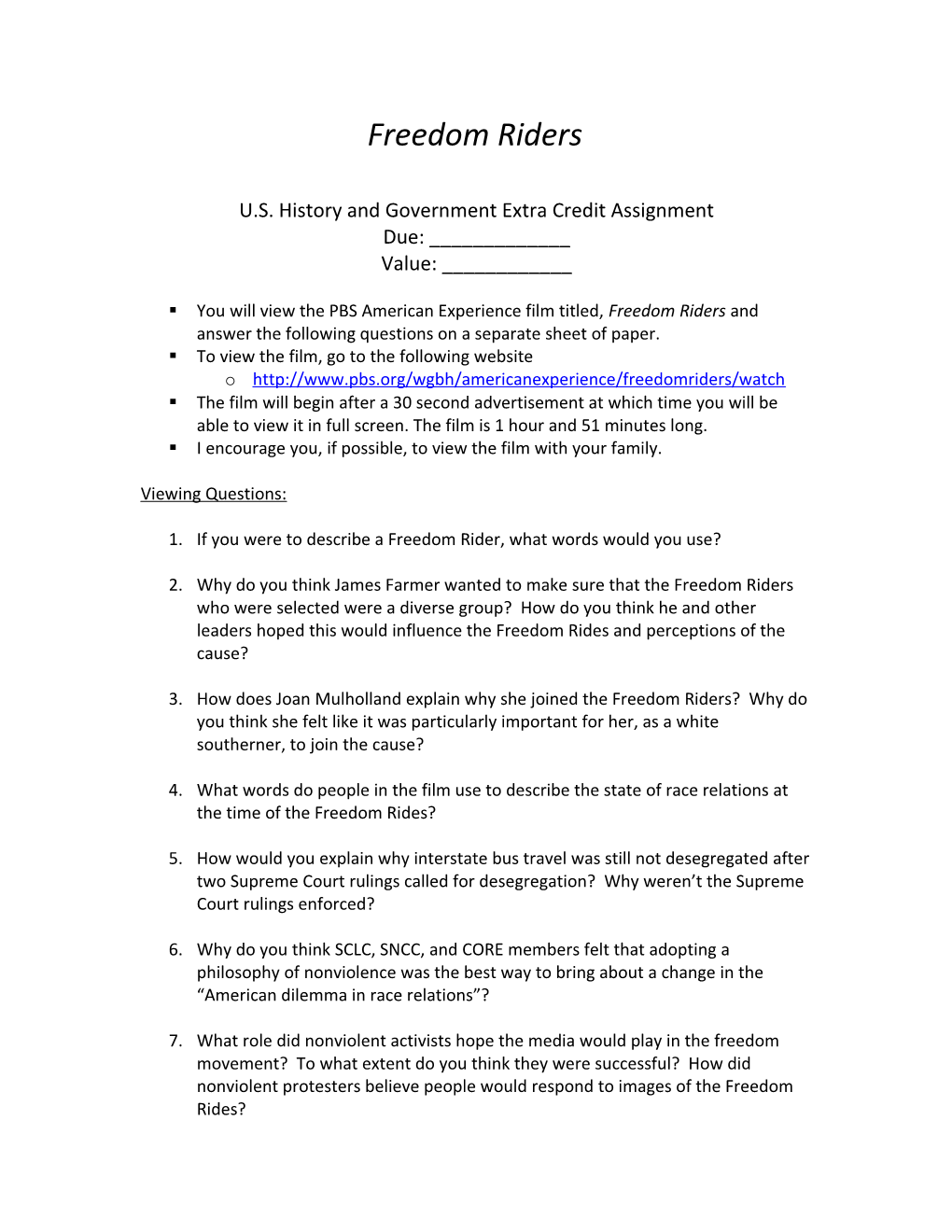 U.S. History and Government Extra Credit Assignment