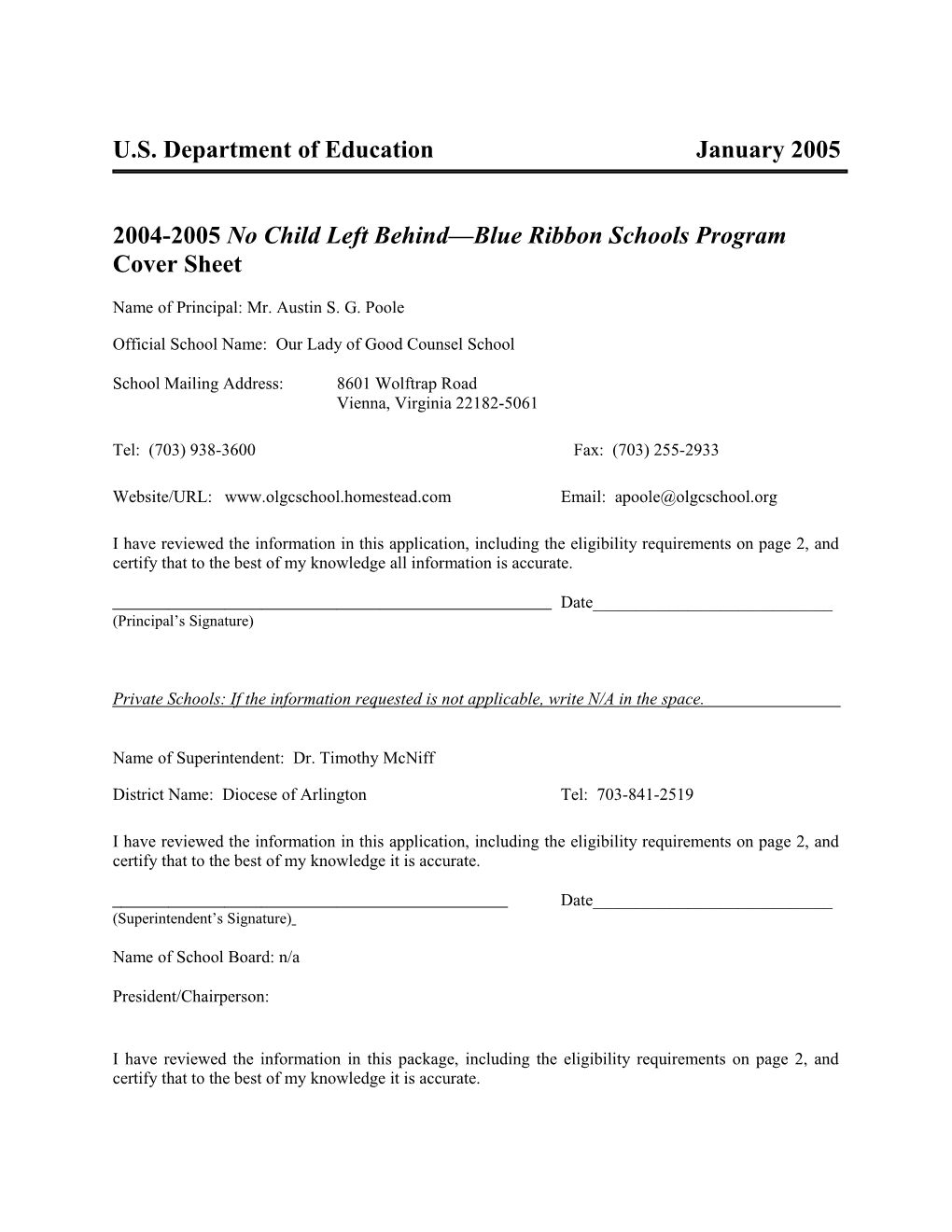 Our Lady of Good Counsel School Application: 2004-2005, No Child Left Behind - Blue Ribbon