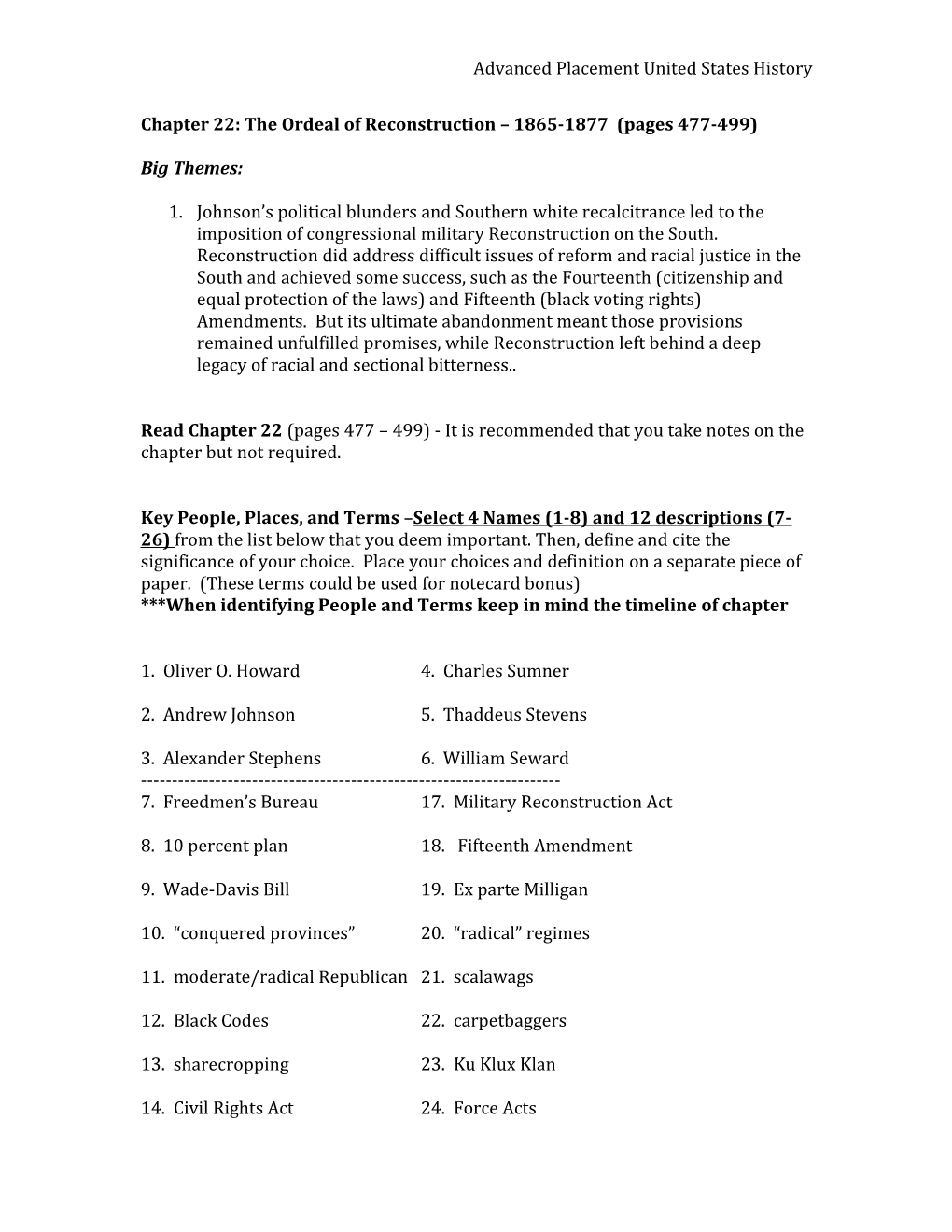 Chapter 22: the Ordeal of Reconstruction 1865-1877 (Pages 477-499)