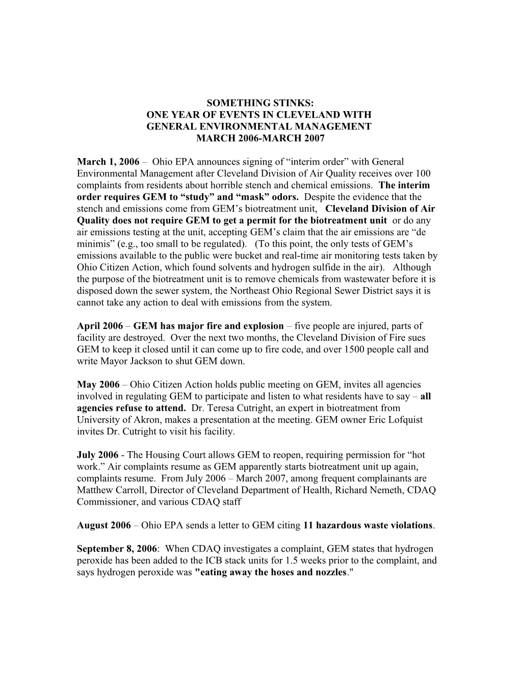 March 2004 March 2006 GEM Receives Multiple Notices of Violation from Cleveland Fire Division