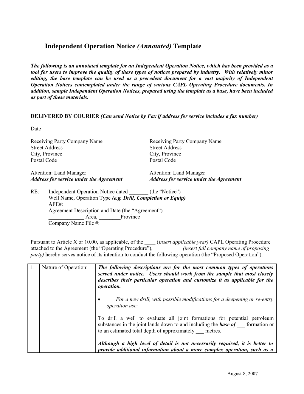 Independent Operation Notice (Annotated) Template