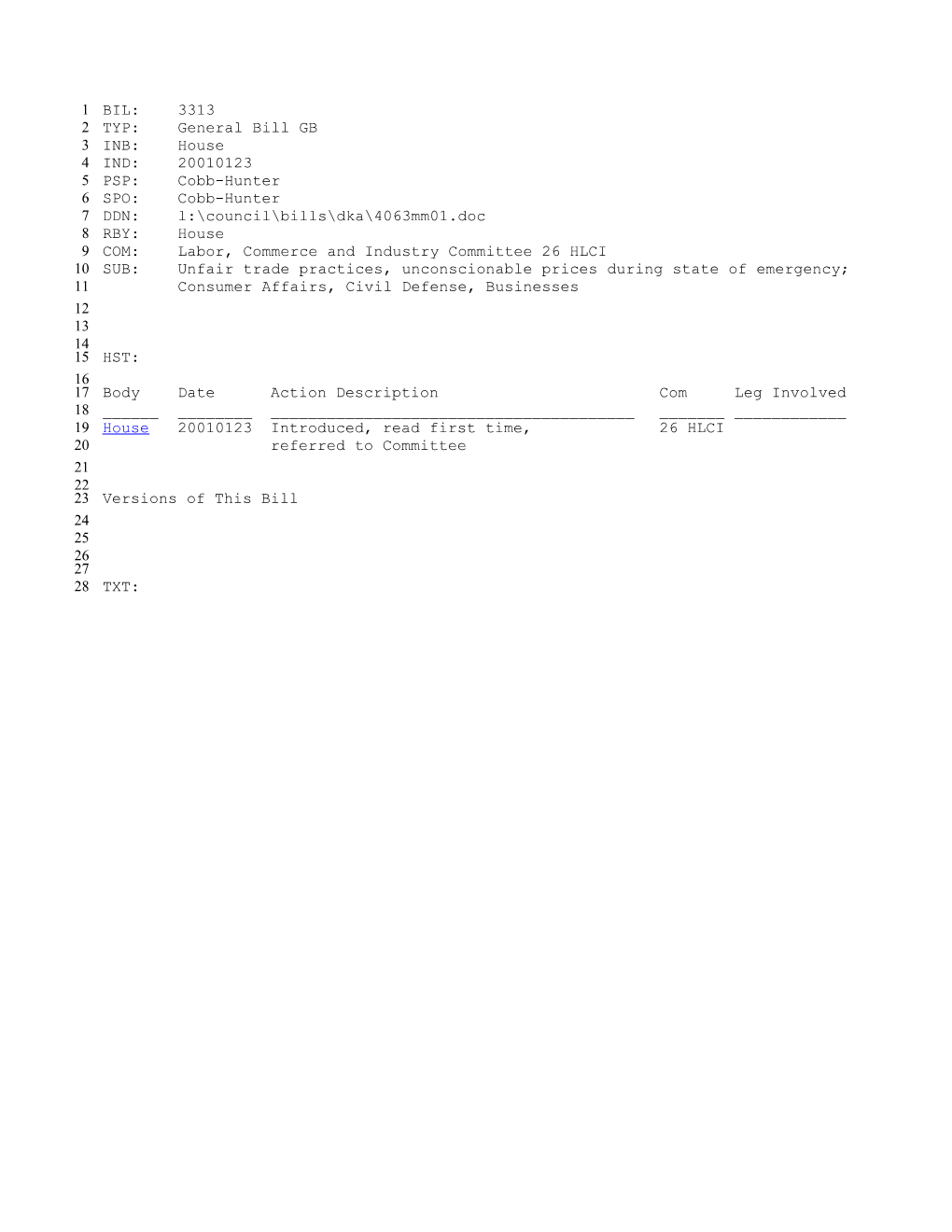 2001-2002 Bill 3313: Unfair Trade Practices, Unconscionable Prices During State of Emergency;