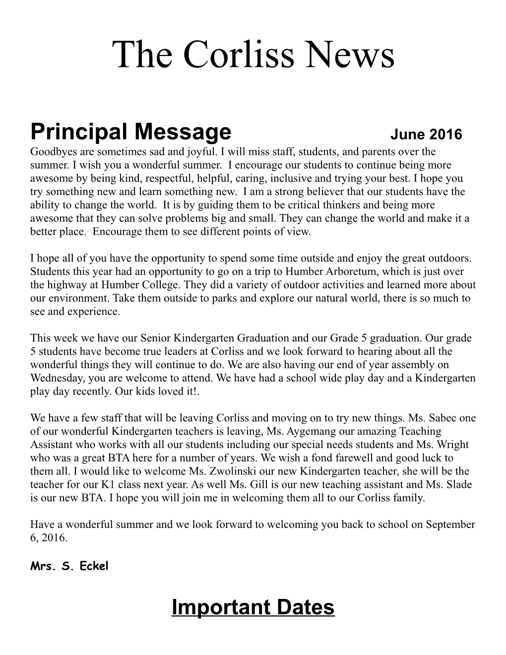 Principal Message June 2016