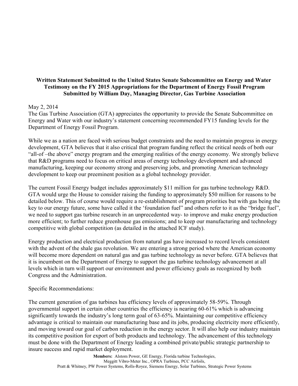 Written Statement Submitted to the United States Senate Subcommittee on Energy and Water