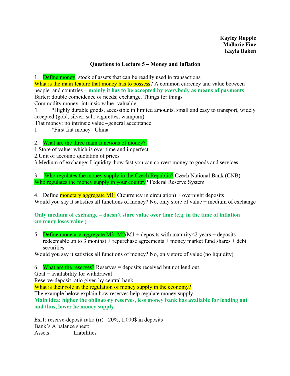 Questions to Lecture 5 Money and Inflation