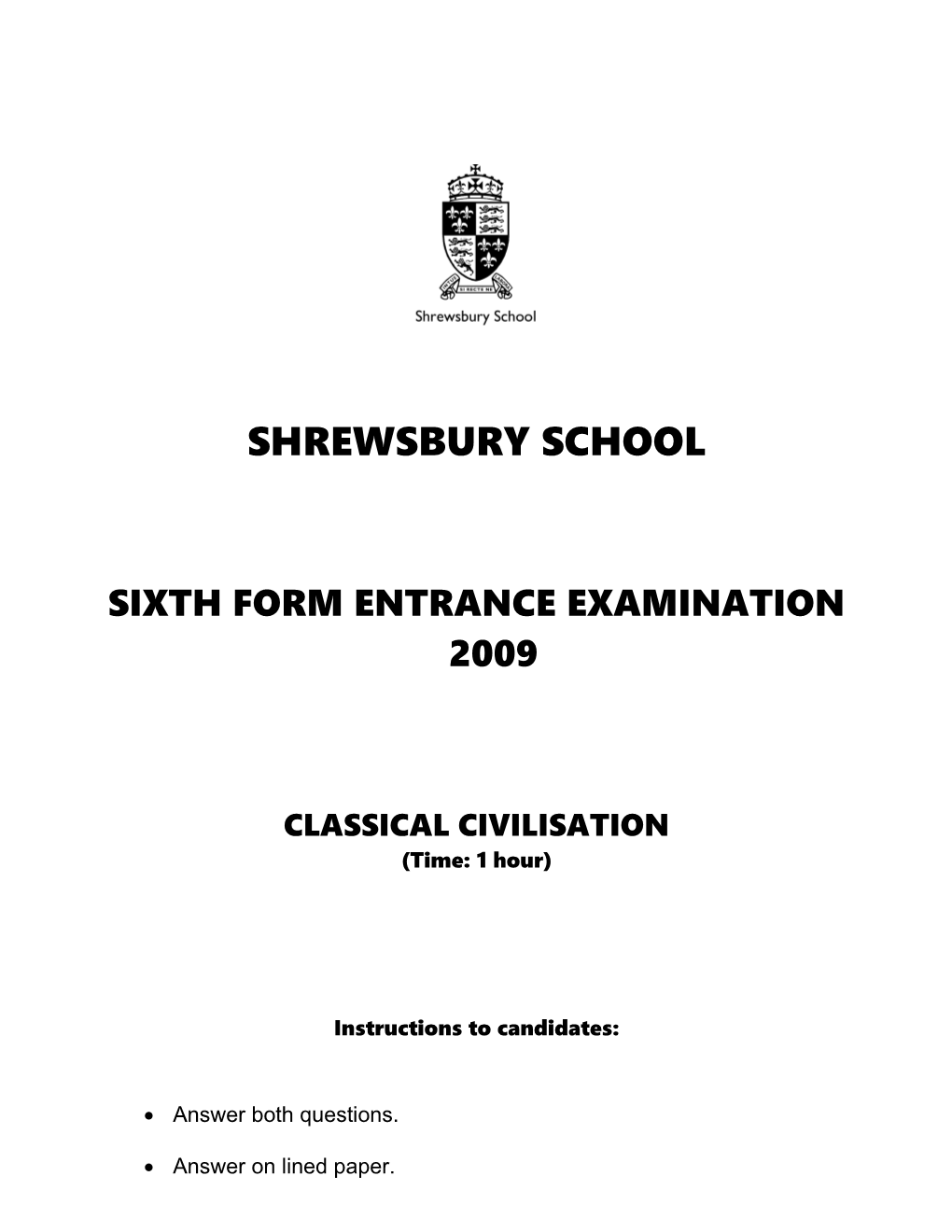 Sixth Form Entrance Examination 2009