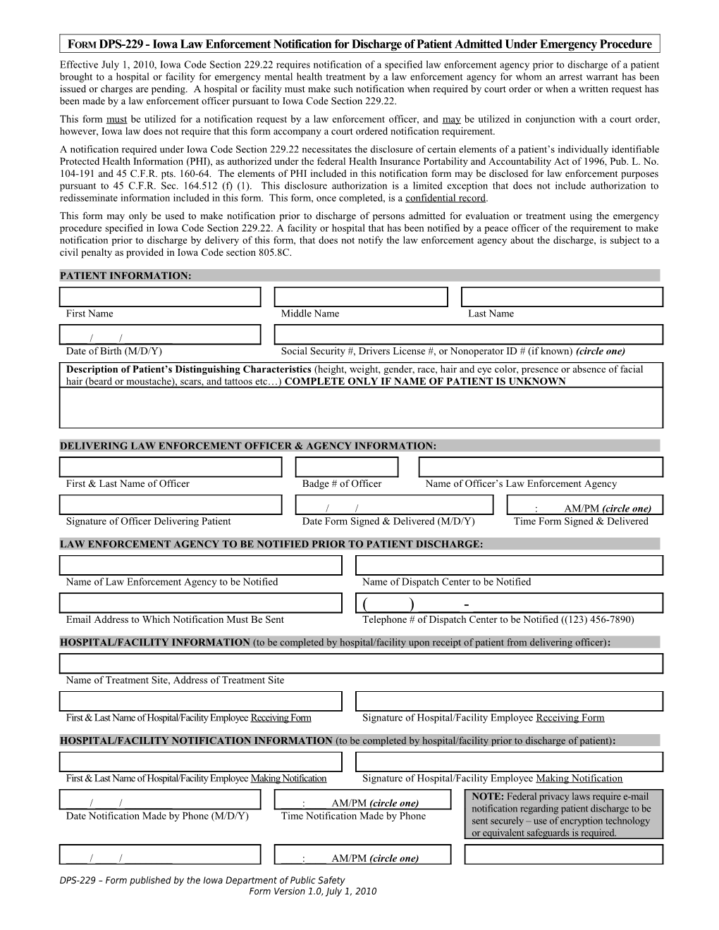 Iowa Law Enforcement Notification Form