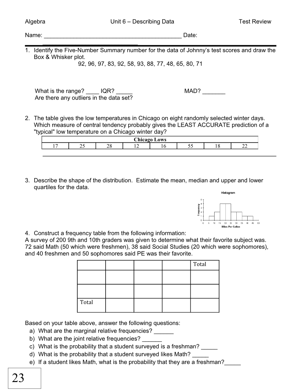 Algebra Unit 6 Describing Data Test Review