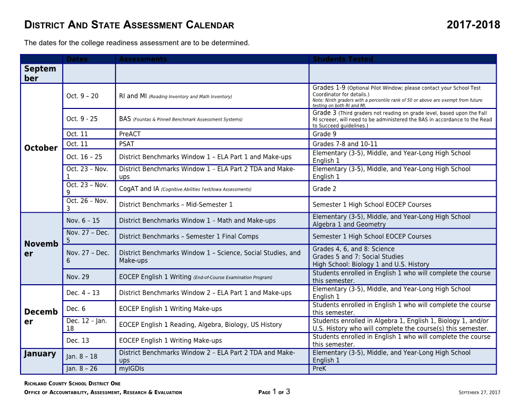 District and State Assessment Calendar2017-2018