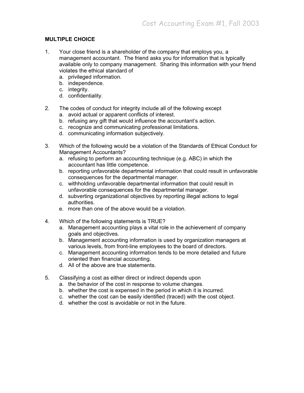 Cost Accounting Exam #1, Fall 2003