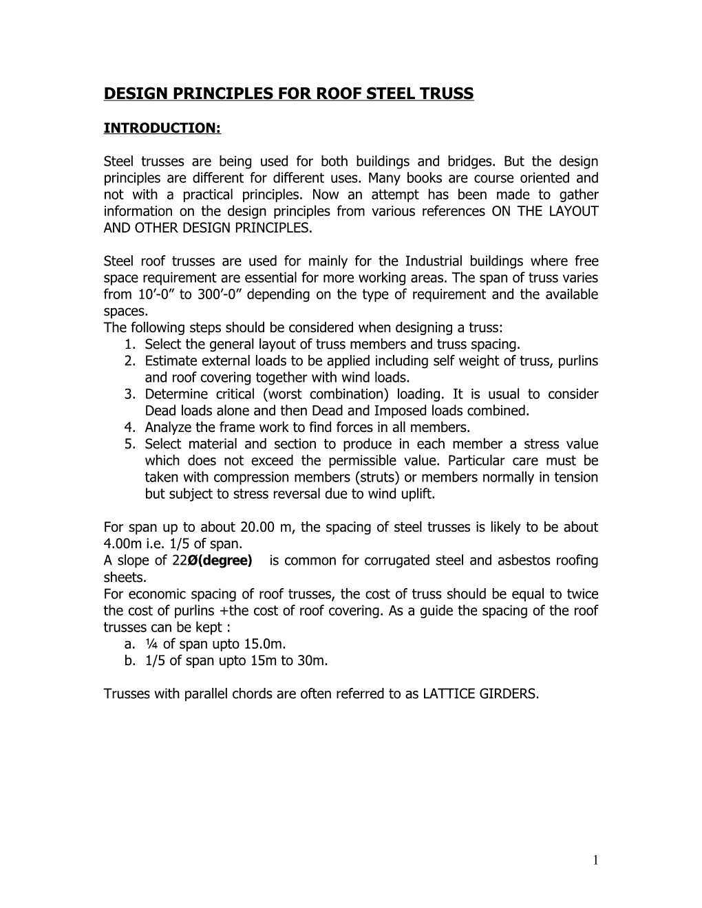 Design Principles for Roof Steel Truss