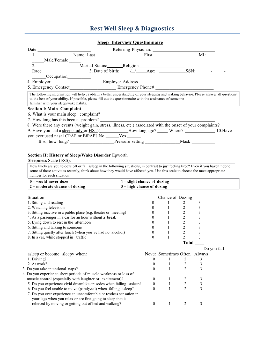 Sleep Interview Questionnaire