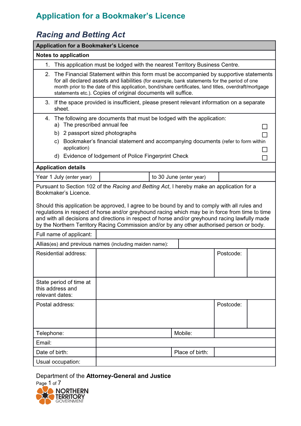 Application for Bookmakers Permit