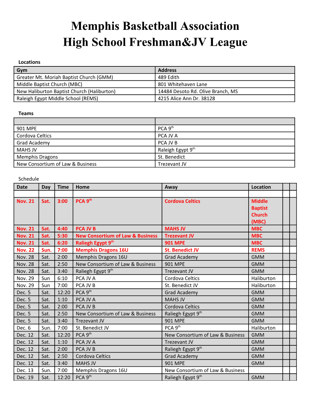 High School Freshman&JV League