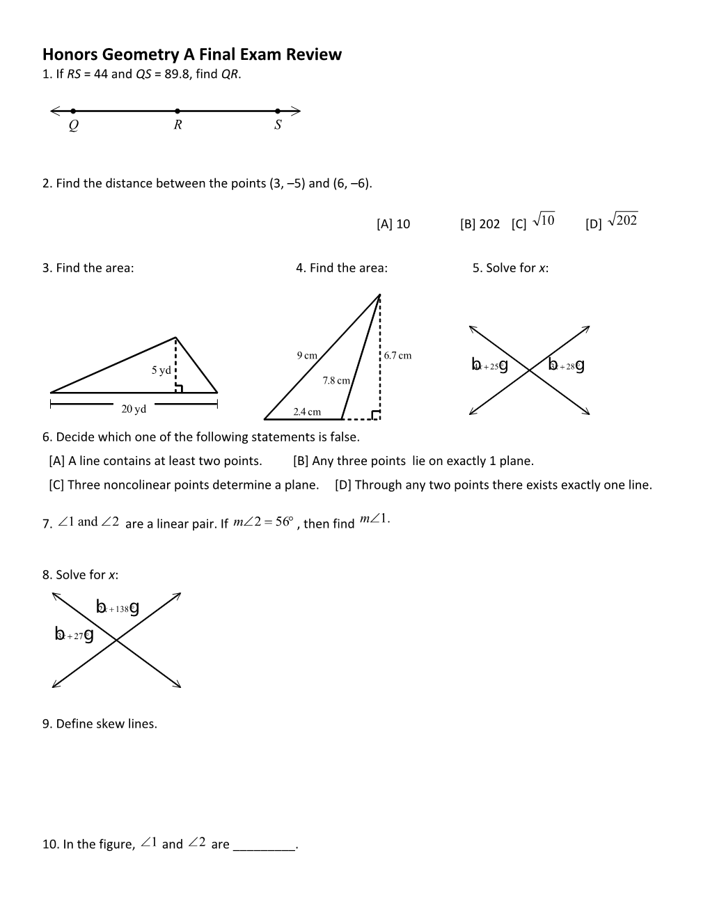 Honors Geometry a Final Exam Review Tri 1 2004