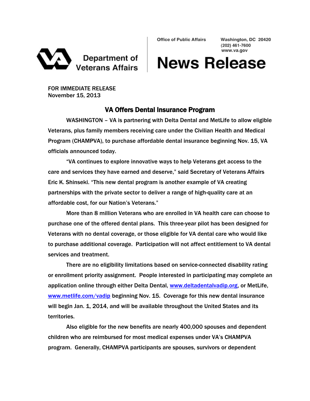 VA Offers Dental Insurance Program