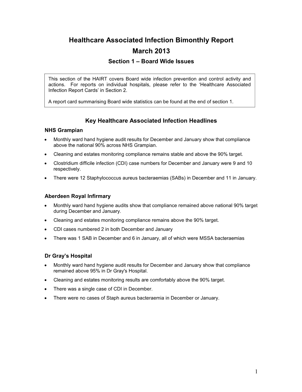 Healthcare Associated Infection Report HAIRT March 2013