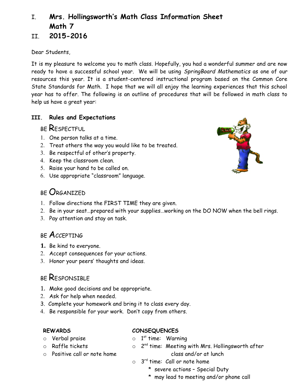 Mrs. Hollingsworth S Math Class Information Sheet Math7