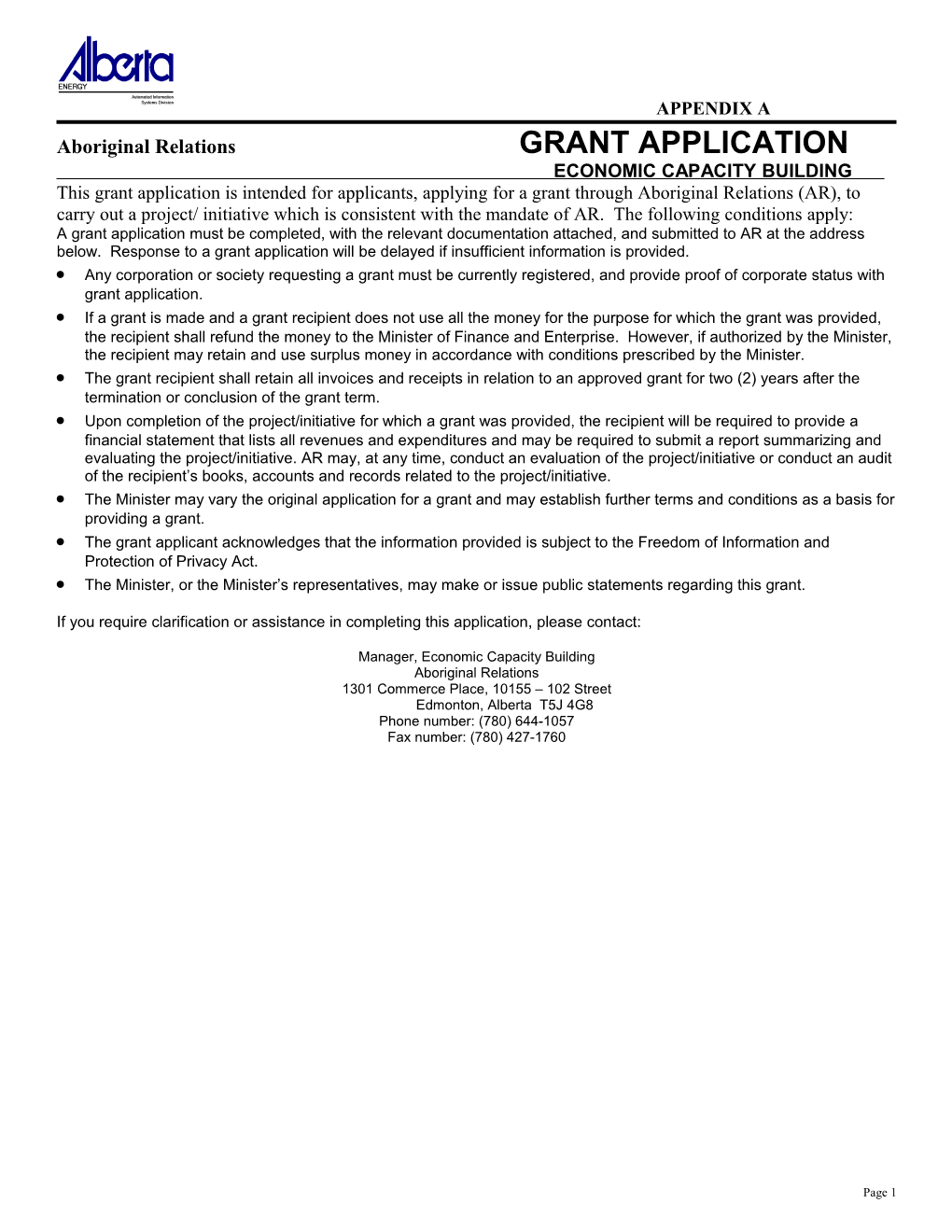 Aboriginal Relations GRANT APPLICATION