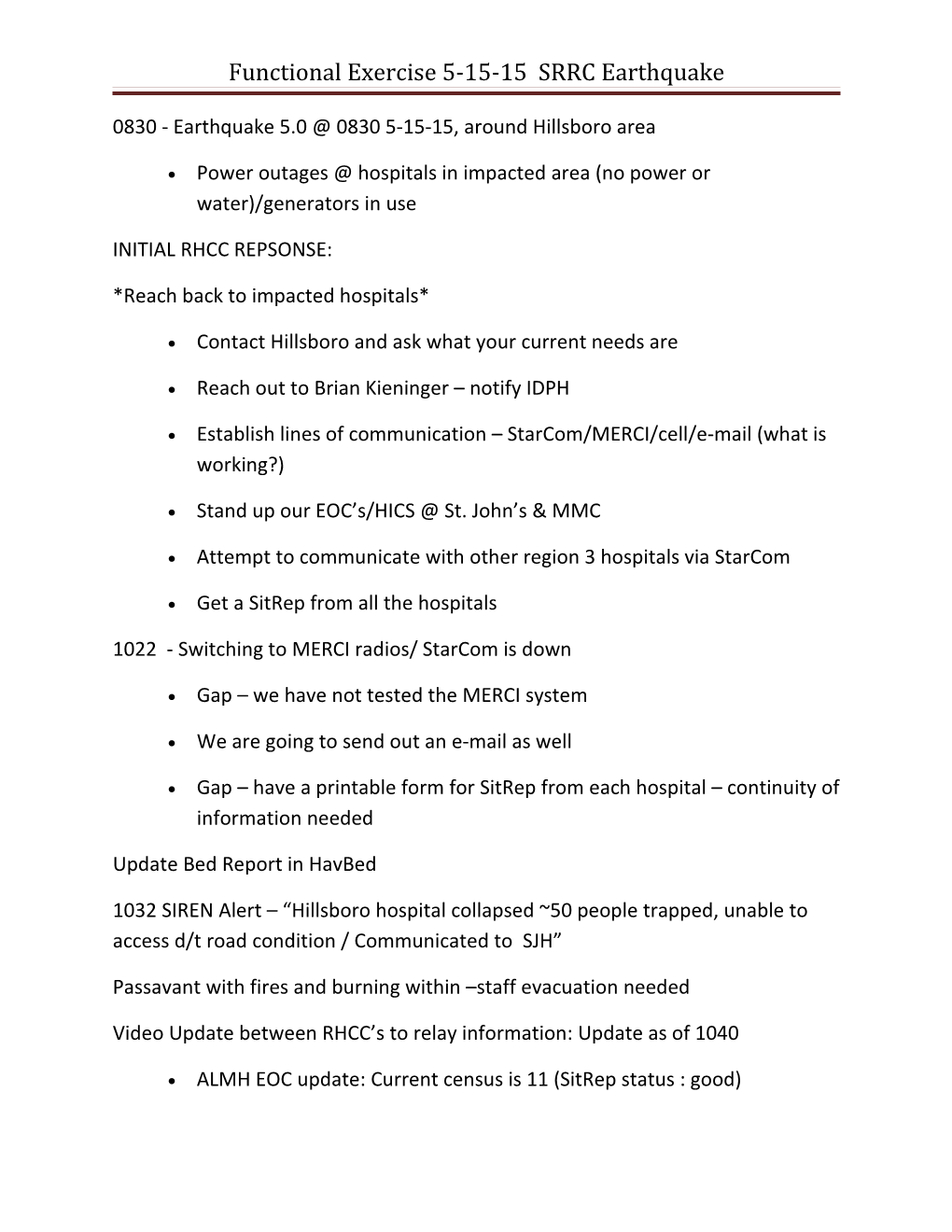 Functional Exercise 5-15-15 SRRC Earthquake