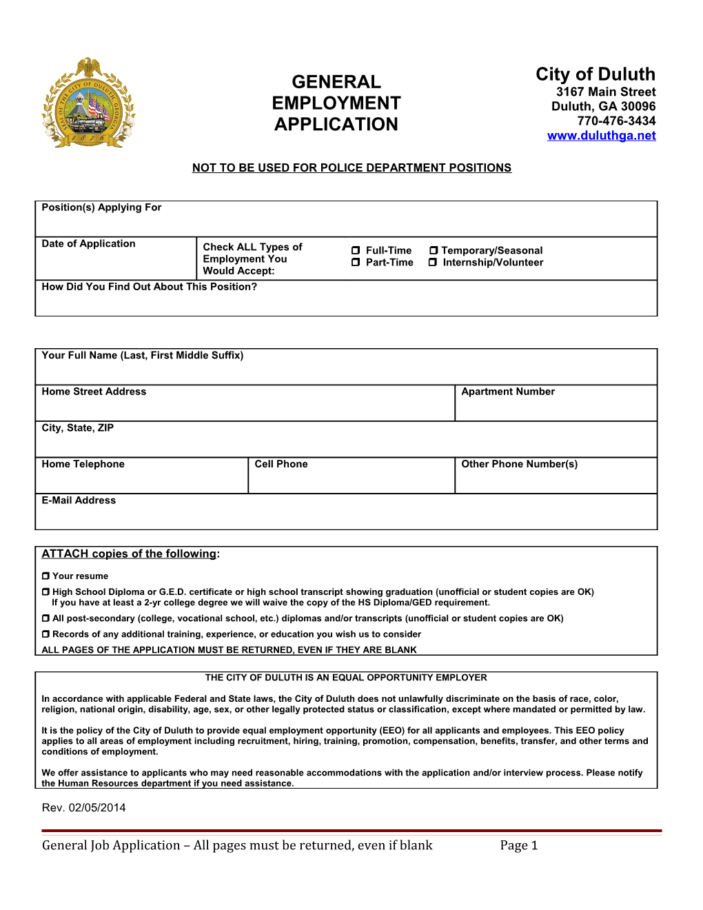 APPLICATION for EMPLOYMENT City of Duluth, GA