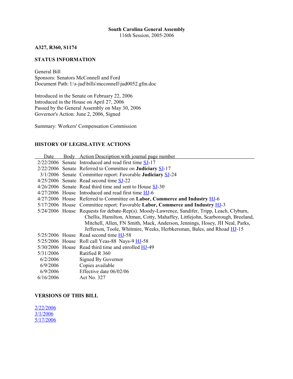 2005-2006 Bill 1174: Workers' Compensation Commission - South Carolina Legislature Online