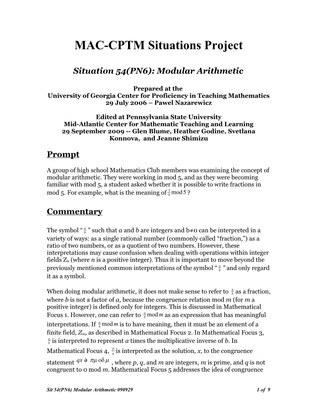 Situation PN6: Modular Arithmetic